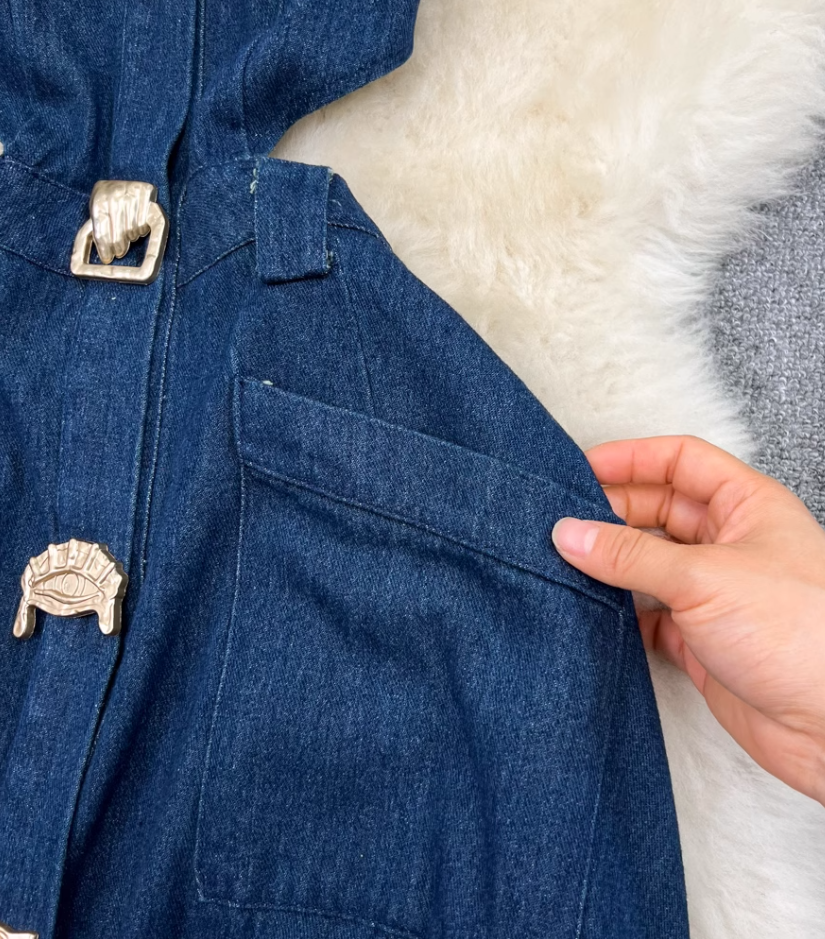 Retro lapel hollow exposed waist waist slimming sleeveless single-breasted A-line split denim dress R0375