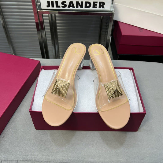 Heeled Sandals 6cm with Crystal Square Buckle Beige