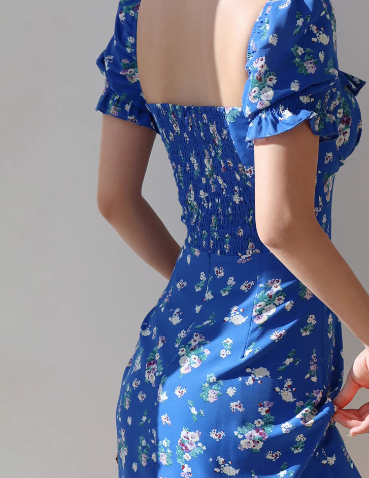 Klein blue floral slim fit versatile puff sleeve dress waist short skirt R2857