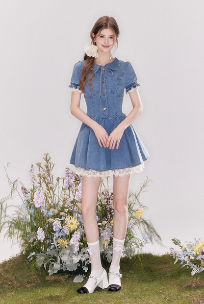 Vintage denim dress with baby doll collar, puff sleeves and waist-hugging tutu skirt R4543