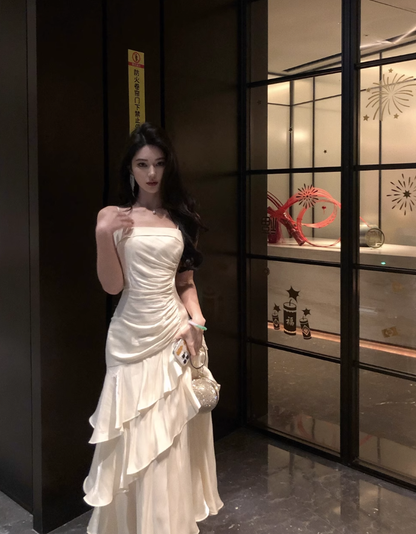 French gentle style ruffled sling dress temperament lady high-end waist hip banquet dress skirt R0410