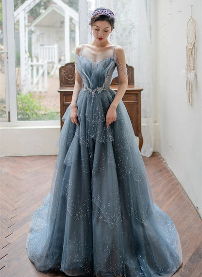 BlueTulle A-line Beaded Long Prom Dress, Blue Straps Party Dress Formal Dress