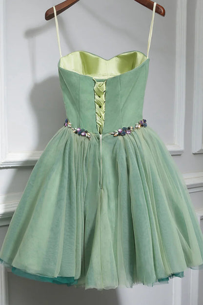 Pretty Homecoming Dress Spaghetti Straps Tulle Rinestone Short Prom Dress Back to School Outfits Party Dress  D6095