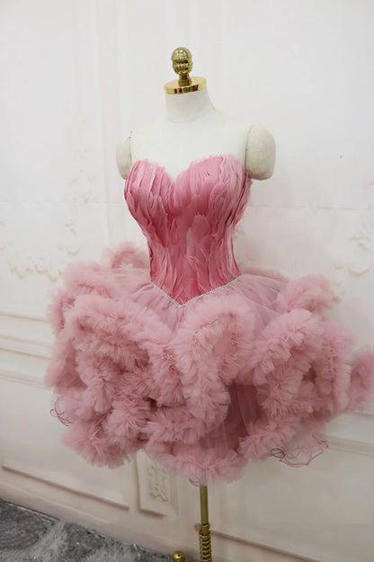 Pretty Homecoming Dress Sweetheart  Feather Lace Cascade Prom Dress Back to School Outfits Party Dress  D6107