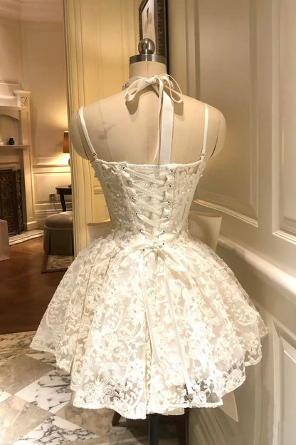 Chic Homecoming Dress Spaghetti Straps Lace Bowknot Beaded Applique Short Prom Dress Back to School Outfits Party Dress  D6032