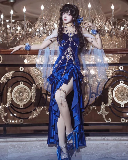 Dark blue suspender waist slim irregular design long skirt, prom dress R5298