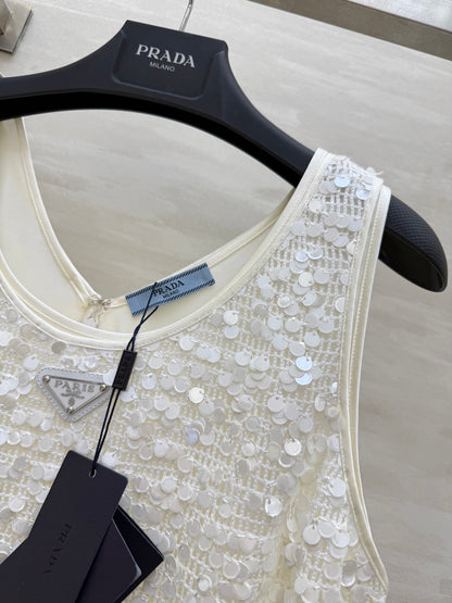Prada 25 Sequin Vest Dress White Polyester