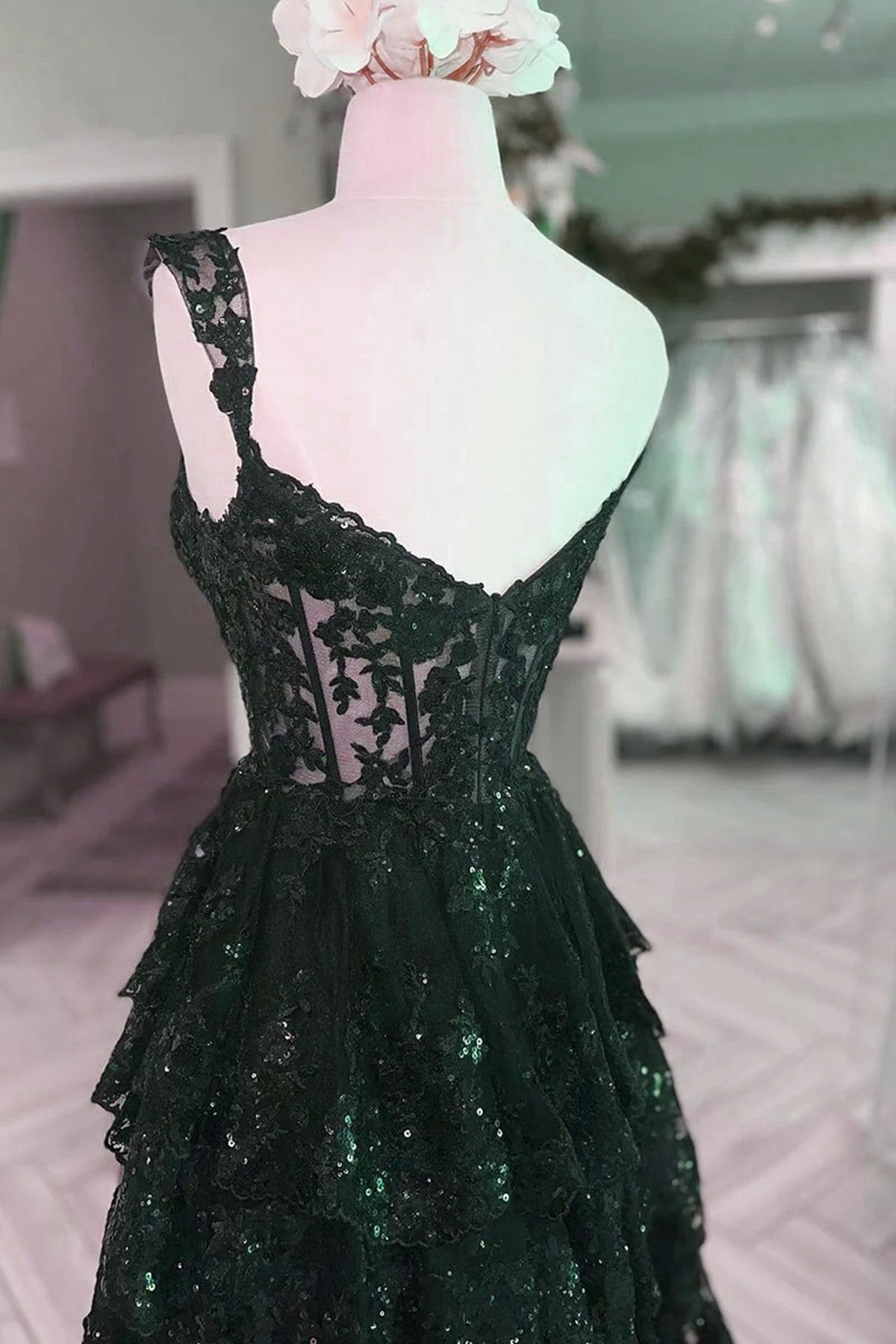 Green Tulle with Lace Straps Layers Party Dress, Green Tulle Prom Dress