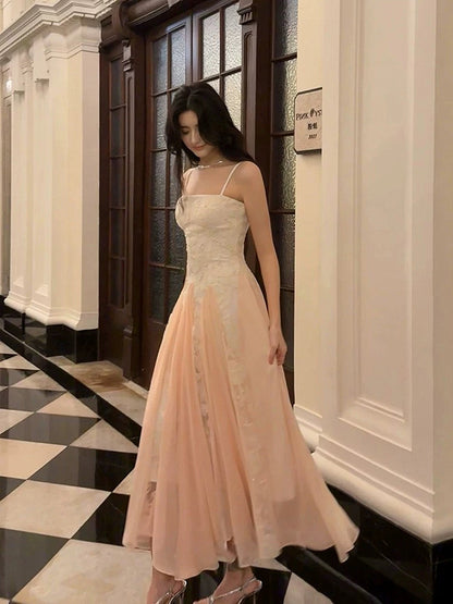 Pink Chiffon And White Lace Straps A-Line Prom Dress, Long Chic Evening Dress Party Dress