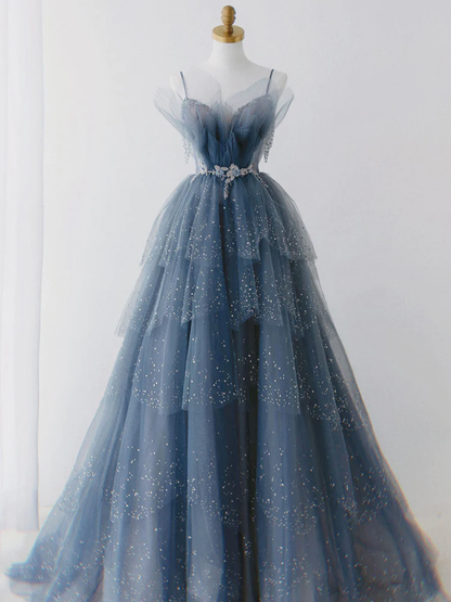 Blue Tulle Straps Beaded Layers Long Formal Dress, Blue Evening Dress Prom Dress