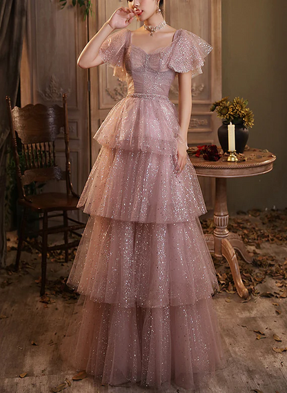 Pink Tulle Sweetheart Beaded Long A-line Prom Dress, Pink Evening Party Dress