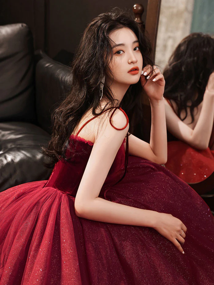 Wine Red Velvet And Tulle Homecoming Dress, Wine Red Straps Party Dress Prom Dress