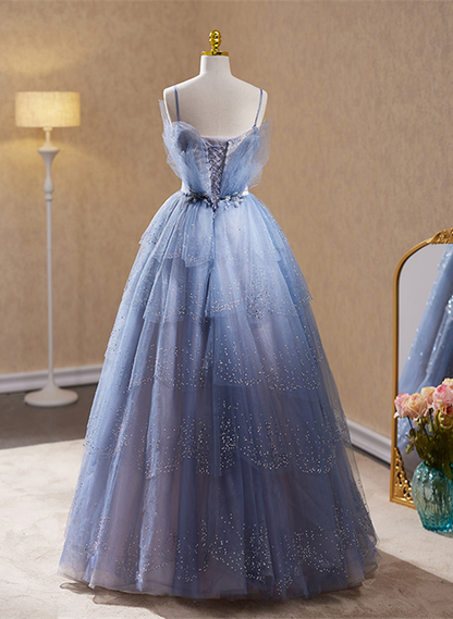 Blue Shiny Tulle Beaded Layers Long Formal Dress, Blue Long Party Dress Evening Dress