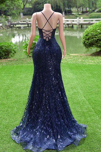 Navy Blue Mermaid Long Prom Dress with Leg Slit, Navy Blue Party Dress