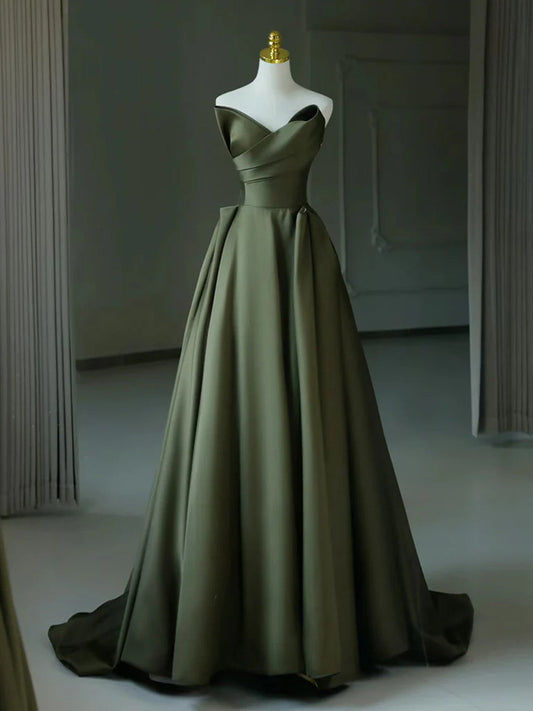 Dark Green V-neckline Satin Long Prom Dress, Dark Green Party Dress