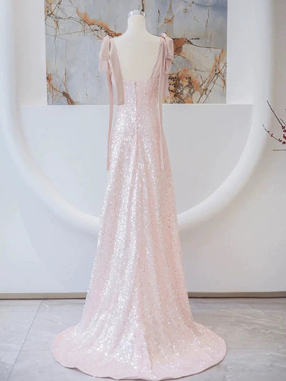 A-line Sequins Pink Straps Long Formal Dress, Simple Pink Evening Dress Prom Dress