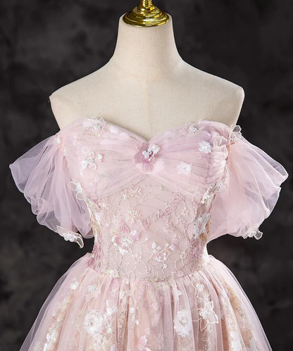 Cute A-line Pink Lace and Tulle Sweetheart Party Dress, Pink Tulle Prom Dress
