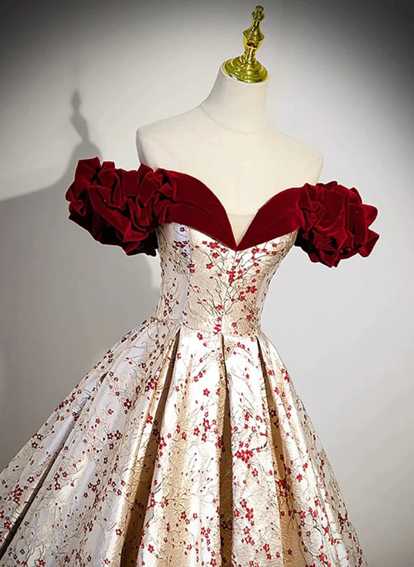Lovely Satin Floral Off Shoulder Party Dress, Satin A-line Prom Dress Evening Dress