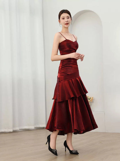 Mermaid Straps Wine Red Long Evening Dress Formal Dress, Wine Red Satin Prom Dress