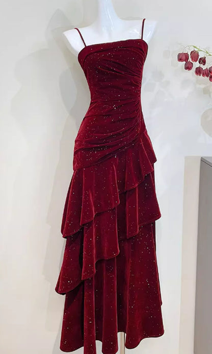 Wine Red Velvet Straps Layers Long Formal Dress, Wine Red Velvet Floor Length Prom Dress