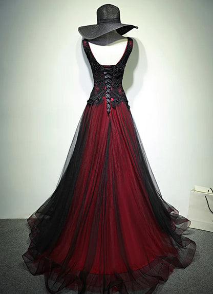 A-line Black and Red Tulle with Lace Floor Length Prom Dress, Black and Red Evening Gown