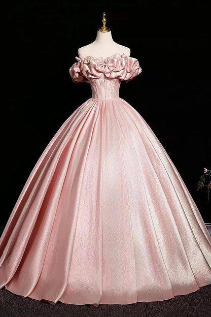 Pink Satin Off Shoulder Long Formal Dress, Pink Beaded A-line Prom Dress Evening Dress