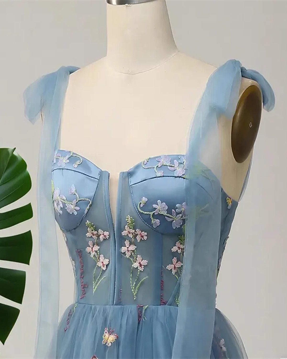 Blue Floral Embroidery Tulle Prom Dress,  A-Line Fairy Gown Blue Party Dress