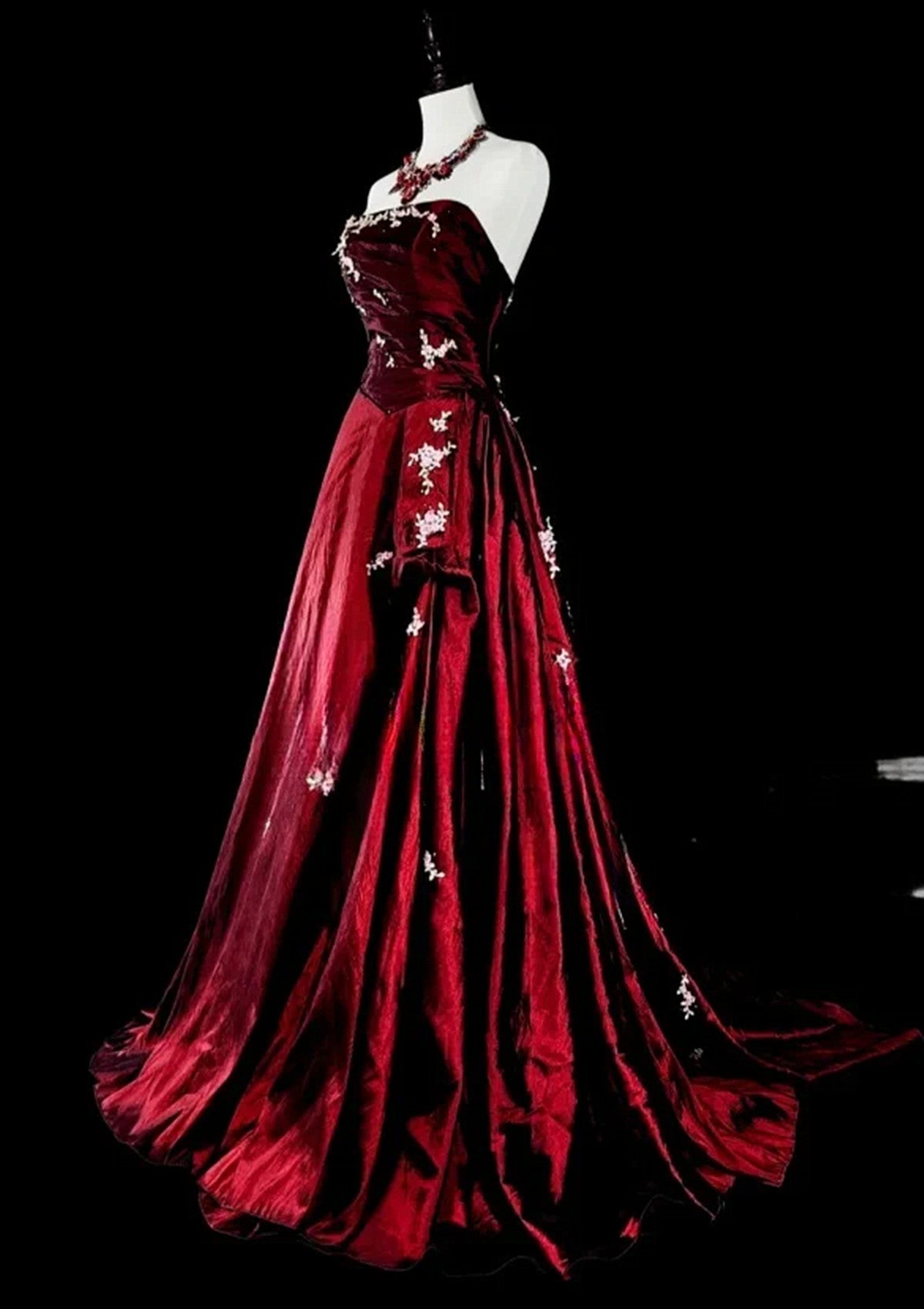 Wine Red Strapless Taffeta with Lace Applique Prom Dress, Wine Red Long Evening Dress