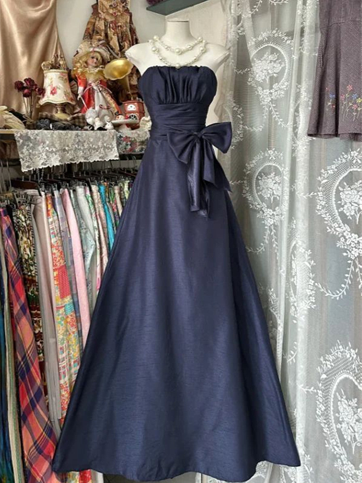 Navy Blue Strapless A-line Long Prom Dress, Long Taffeta Formal Dress with Bow