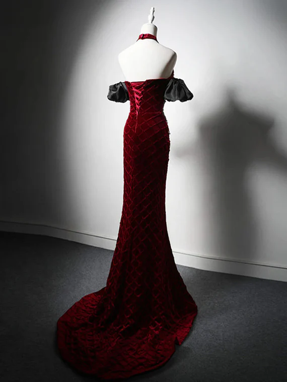 Wine Red Velvet Mermaid Prom Dress Off Shoulder, Beaded Velvet Evening Dress