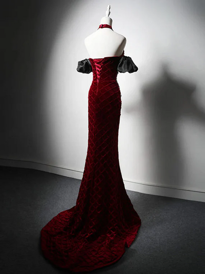 Wine Red Velvet Mermaid Prom Dress Off Shoulder, Beaded Velvet Evening Dress