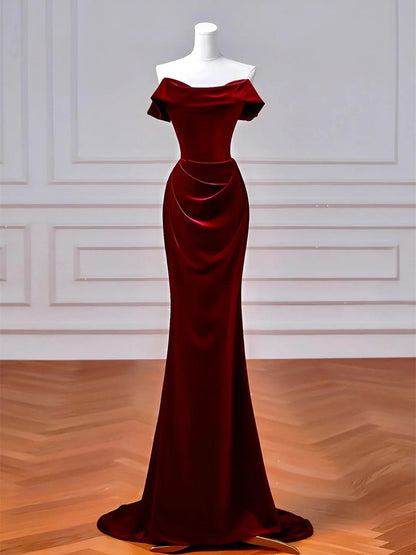 Wine Red Velvet Mermaid Off Shoulder Party Dress, Wine Red Velvet Prom Dress