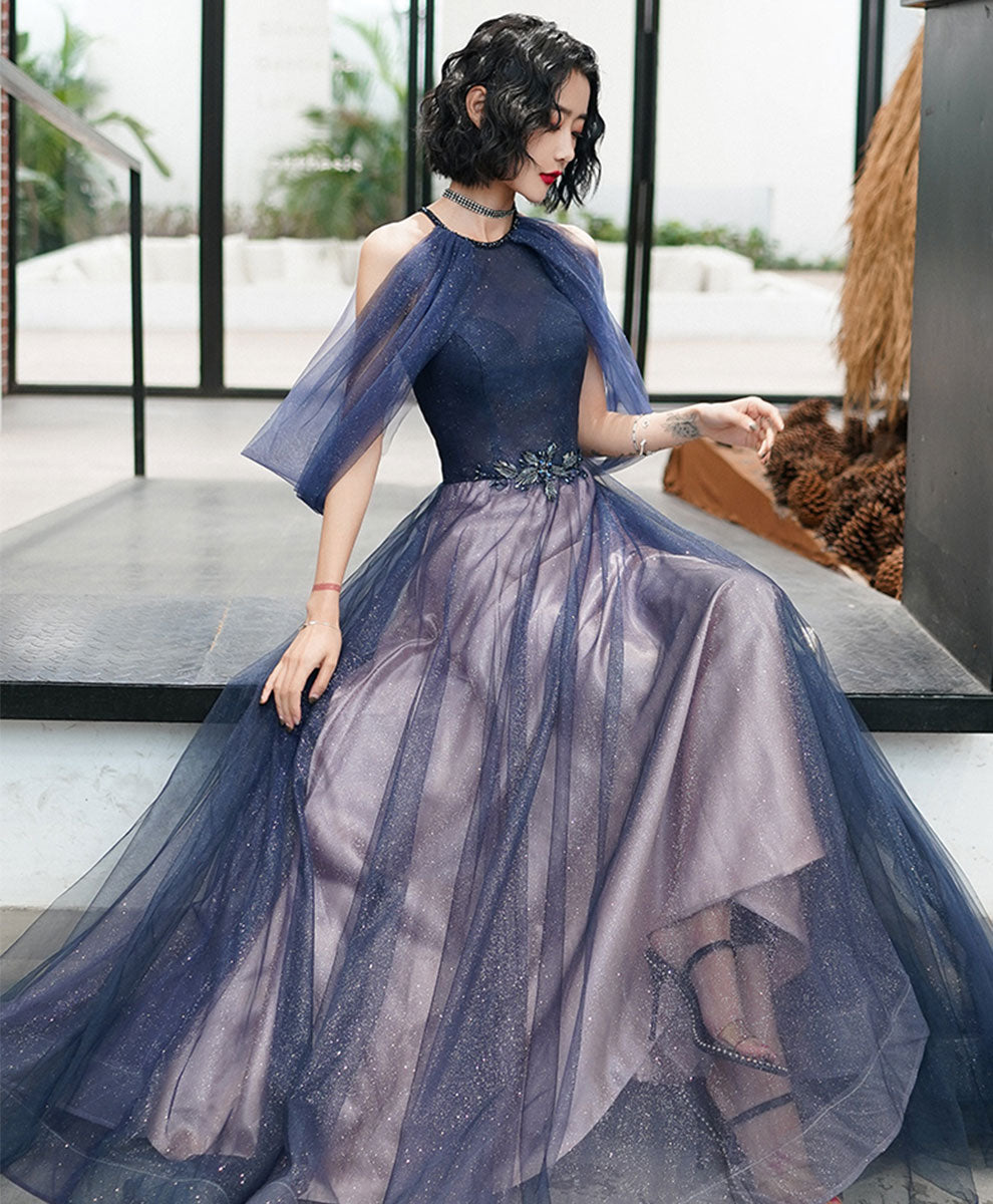 A-line Blue Tulle Sequin Long Prom Dress, Halter Blue Evening Dress Party Dress