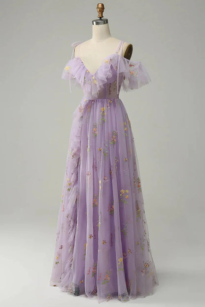 Light Purple V-neckline Straps Long Formal Dress, A-line Purple Prom Dress