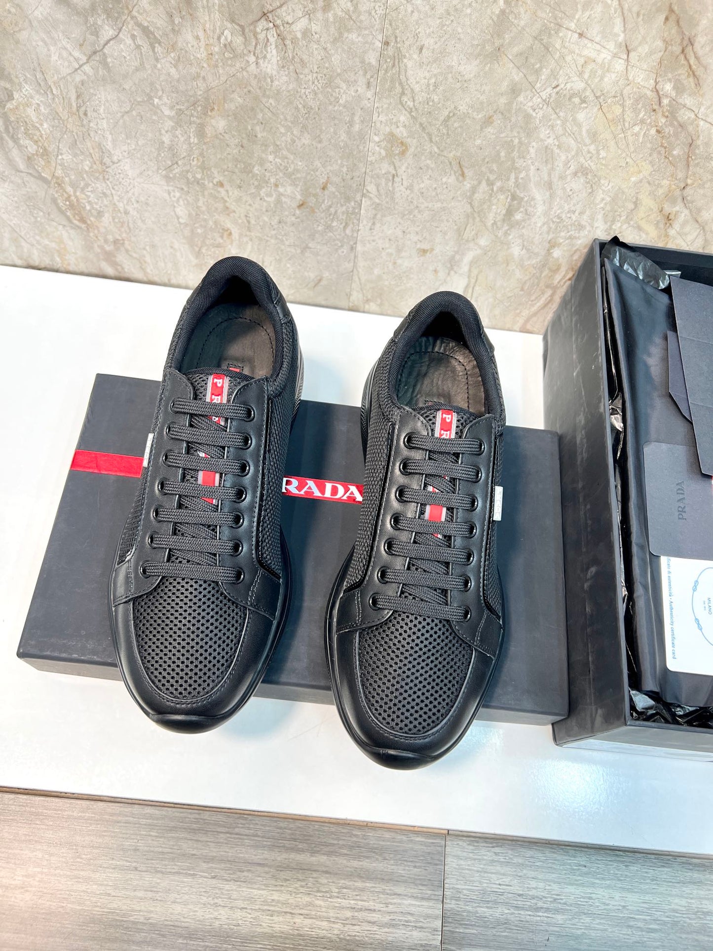 PRA SNEAKER BLACK CALFSKIN AND MESH FABRIC
