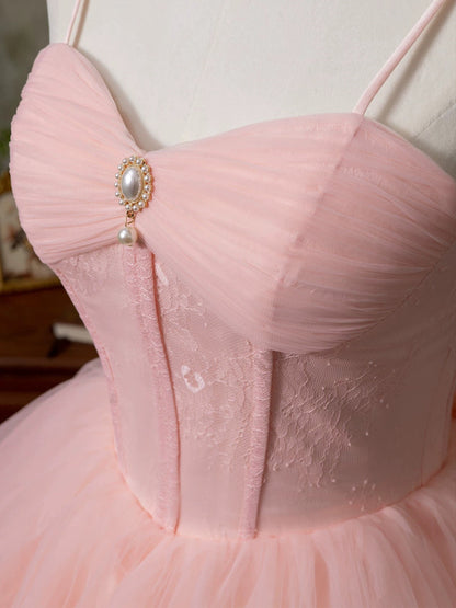 Pink Tulle Sweetheart Straps Knee Length Party Dress, Pink Tulle Homecoming Dress