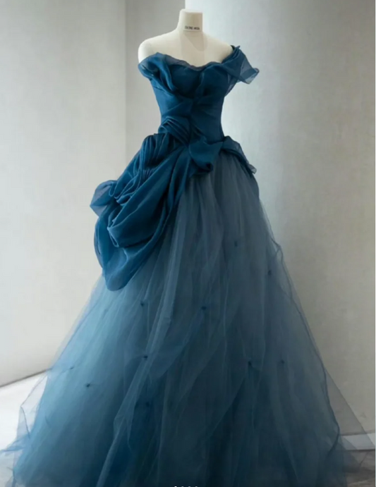 Retro Elegant Navy Blue One-shoulder Tulle Long Ball Gown Evening Dress cc5286