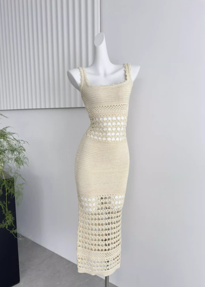 Bright silk knitted sexy hollow long skirt hip-wrapped fine glitter suspender dress for women R0286