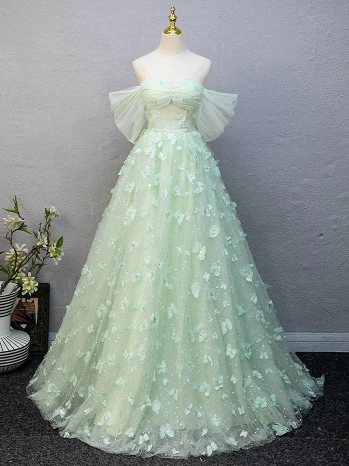 Green Sweetheart Off Shoulder Lace Long Formal Dress, Green Lace Prom Dress