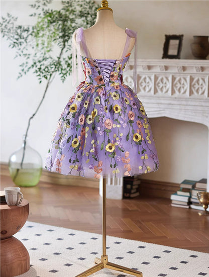 Cute Light Purple Lace Flowers Short Homecoming Dress, Purple Short Party Dress