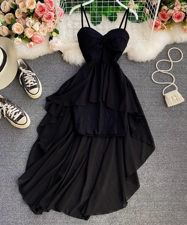 High waist irregular tube top suspender dress design fairy dress chic gentle style long skirt dress R0401