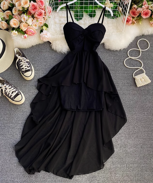 High waist irregular tube top suspender dress design fairy dress chic gentle style long skirt dress R0401