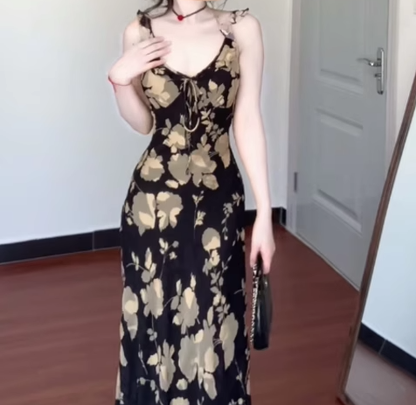 Retro floral suspender dress gentle temperament waist slim hip skirt R0649