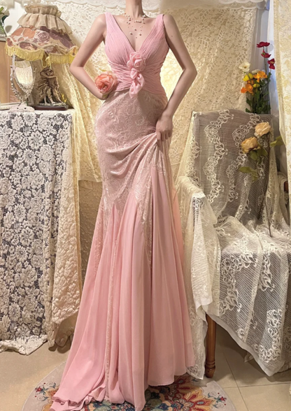 Classy V Neck Pink Lace Chiffon Mermaid Long Wedding Guest Dress Formal Prom Dress Party Gown