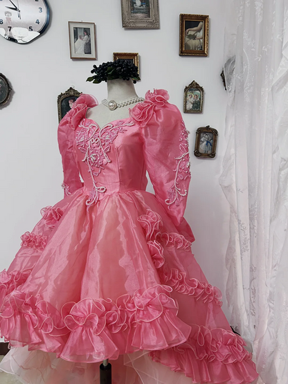 Pink square-neck fitted waist ball gown with a full skirt, bridal dress R7247