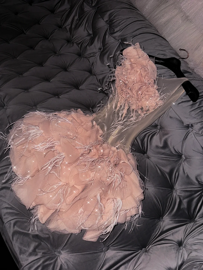 Light pink sleeveless fitted waist short ball gown with floral skirt R8801