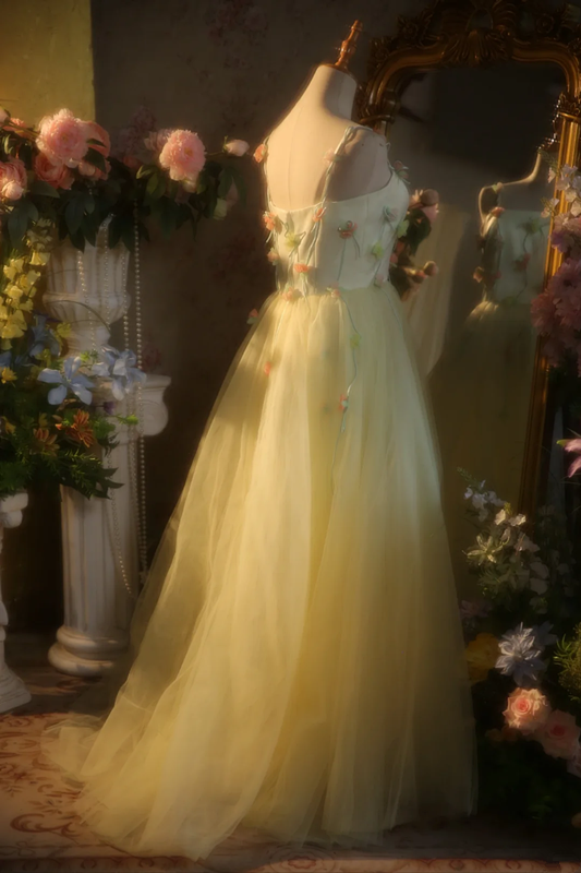 Light yellow halter-neck fitted floral fairy long dress, ball gown, bridal gown R7267