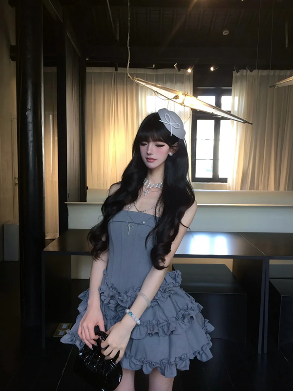 Gray tube top waist cake lace short skirt homecoming dress R5083