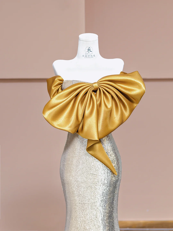 Gold bow neckline, silver sequined, fitted waist, bodycon long ball gown R8376