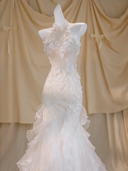 White halter neck diamond waist slim hip long dress bridal gown R5773